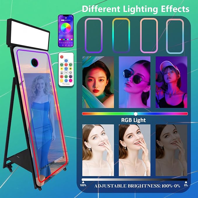 65''Magic Mirror Photo Booth Machine,Mirror Photo Booth 43''Touch Screen,Photo Booth with Flight Case,App Control,RGB Light for Wedding Party Events (Black, Machine)