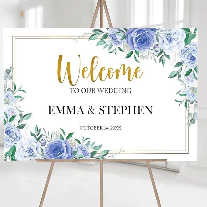 Dusty Blue and Gold Wedding Welcome Sign Template, Printable Landscape Welcome Sign with Blue White Flowers, Elegant Floral Wedding Reception Decor