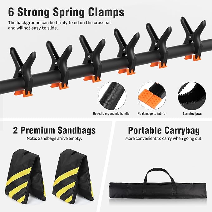 Backdrop Stand 10 x 7.5 FT for Photography Studio, Adjustable Photo Backdrop Stand Kit for Parties, Background Stand with Sandbags, Spring Clamps, Carrying Bag