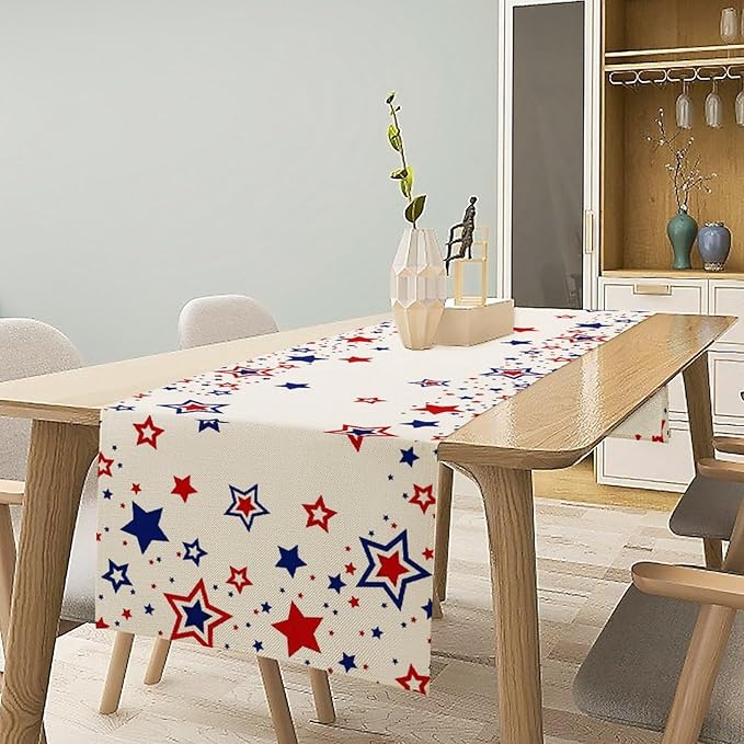 4th of July Table Runner, American Stars Patriotic Independence Day Table Runner for Indoor Outdoor Party Home Kitchen Dining Table Decor, Blue Red, 13x36inch