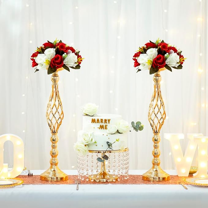 LANLONG 10pcs Metal Gold Candle Holders Road Lead Table Centerpiece Stand Pillar Candlestick for Wedding Candelabra Flowers Vases