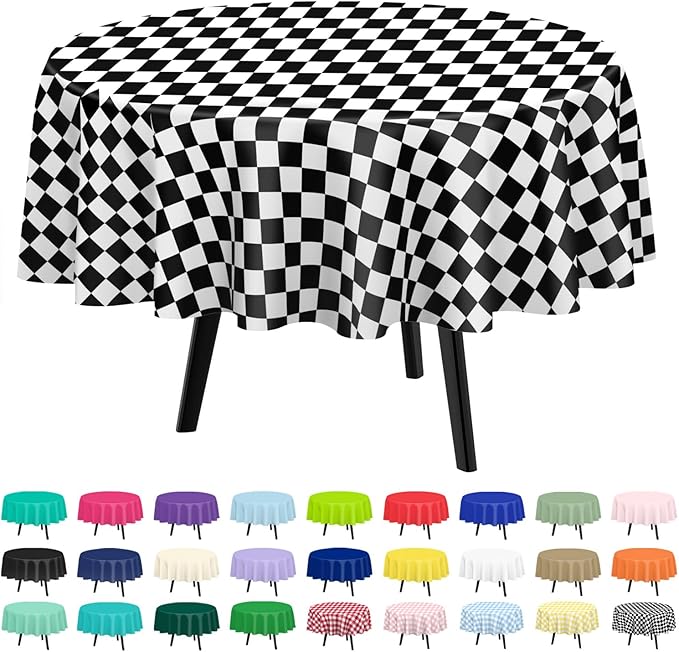 QIKSION Black and White Gingham Round Tablecloth 3 Pack, 84 Inch Plastic Checkered Table Cover Disposable for Parties