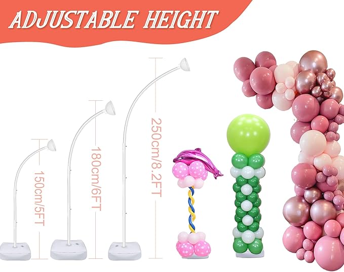 8FT & 6FT Balloon Arch Stand, Flexible Top Balloon Arch Kit, Half Arch Balloon Stand with Base for Floor, Balloon Column Kit for Wedding Birthday Baby Shower Graduation Party Decorations