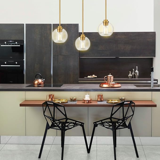 Globe Glass Pendant Lights Kitchen Island, Farmhouse Gold Pendant Lights with Clear Glass Shade,Adjustable Hanging Light Fixture for Dining Room, Entryway, Bedroom 2 Pack