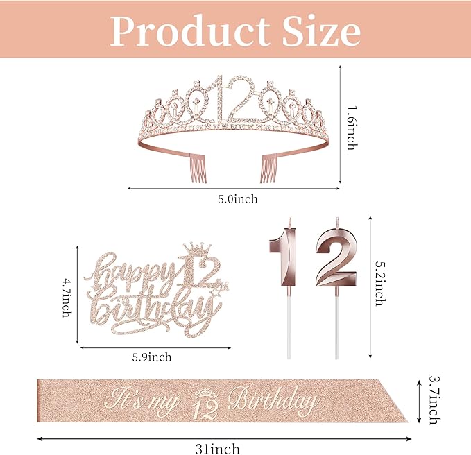 12th Birthday Decorations for Girls Including Sash, Crown/Tiara, Candles and Cake Topper, Rose Gold 12 Year Old Birthday Party Decorations for A Girl