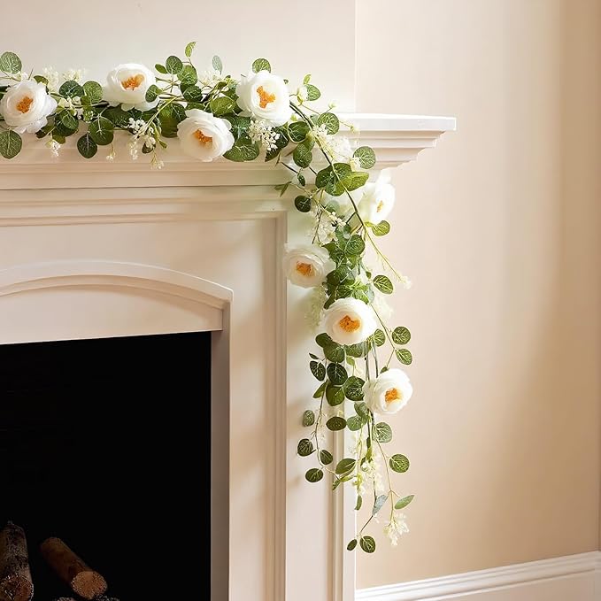 2 Pcs Total13Ft Eucalyptus Flower Garland with Fake Rose Flower, Artificial Fake Flowers Greenery Garland Floral Vines for Decoration Party Wedding Table Indoor Outdoor Backdrop Wall Decor(White)