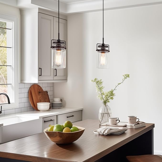 Kira Home Wyer 8" Modern Industrial/Farmhouse Pendant Light + Mini Clear Glass Cylinder Shade, Dimmable Adjustable Wire, Oil Rubbed Bronze Finish