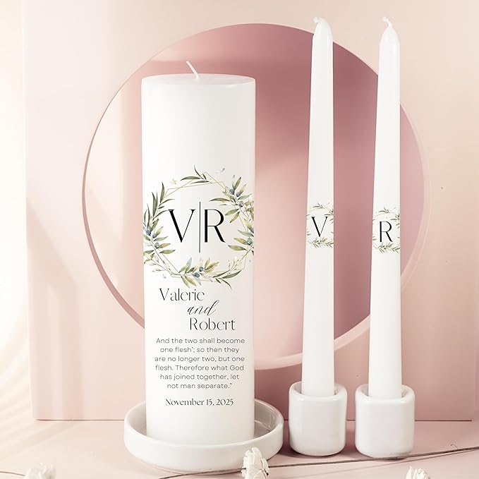 Unity Candles for Wedding, Modern Unity Set, Custom and Personalized Pillar and Taper Candles with Bible Quote, Unscented White Premium Wax, Religious and Wedding Ceremony, Special Events (Garden)