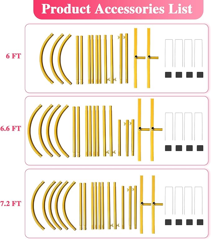 Metal Arch Backdrop Stand, Set of 3 (6/6.6/7.2 ft) Wedding Arched Frame with 12 Ground Nails, Stable Arched Background Stand for Wedding, Baby Shower, Birthday Party, Photography, Gold