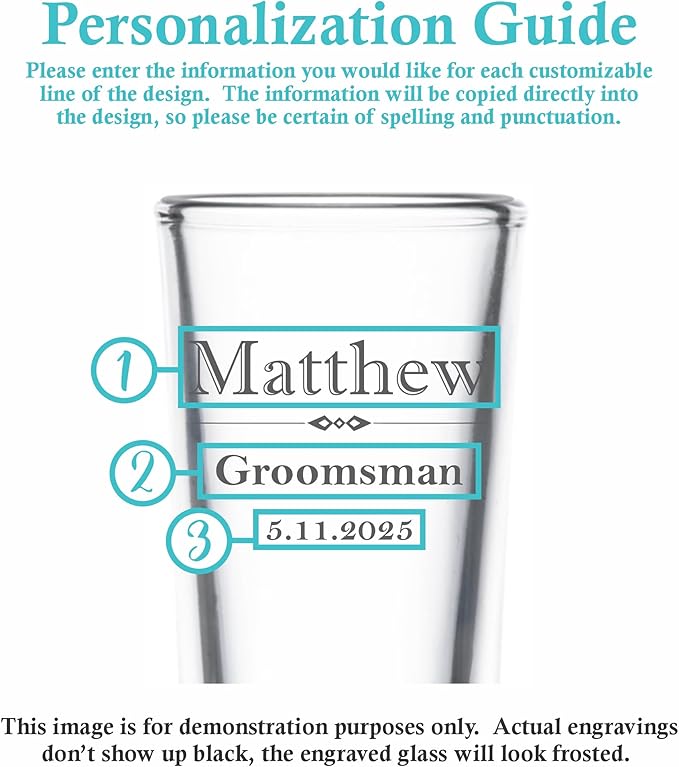 Custom Engraved Shot Glass – 2oz Tall Clear Glass – Personalized Gift for Wedding Party – Classic Etched Barware Keepsake for Groomsmen, Bridesmaids, and More (2)