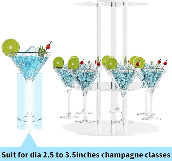Champagne Tower, Circle Acrylic Champagne Display Rack Stand with 12 Slots, 2 Tiers Floating Sight Champagne Flute Holder for Party, Wedding, School, Celebration, 11.8x11.8x15.4 inch