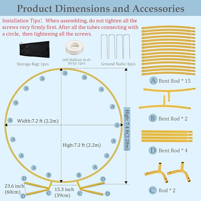 7.2FT Round Metal Arch Backdrop Stand, Circle Balloon Arch Stand Kit with Base, Metal Gold Wedding Arches Frame Heavy Duty for Birthday Gender Reveal Baby Shower Anniversary Party Decoration