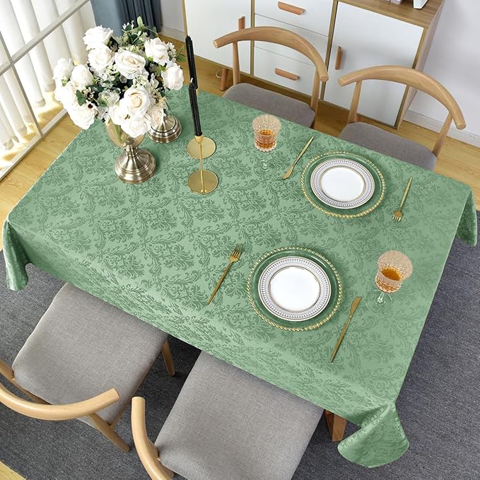 Flower Jacquard Rectangle Tablecloth 60 x 120 Inch Spill Proof Wrinkle Free Heavy Damask Table Cloth, Fabric Table Cover for Dining, Party, Wedding, Indoor, Outdoor, Sage Green
