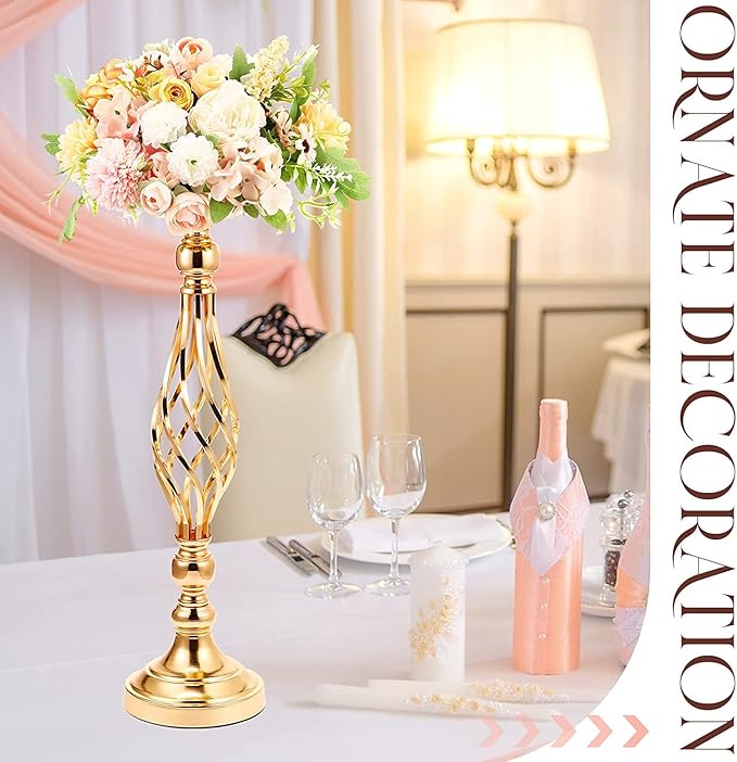 LANLONG 2pcs Metal Gold Candle Holders Road Lead Table Centerpiece Stand Pillar Candlestick for Wedding Candelabra Flowers Vases