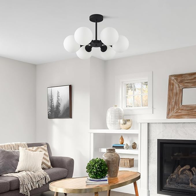 KCO Lighting 6 Lights Modern Semi Flush Mount Ceiling Light Fixture Glass Globe Sputnik Chandelier Ceiling Lighting Mid Century Black Close to Ceiling Light