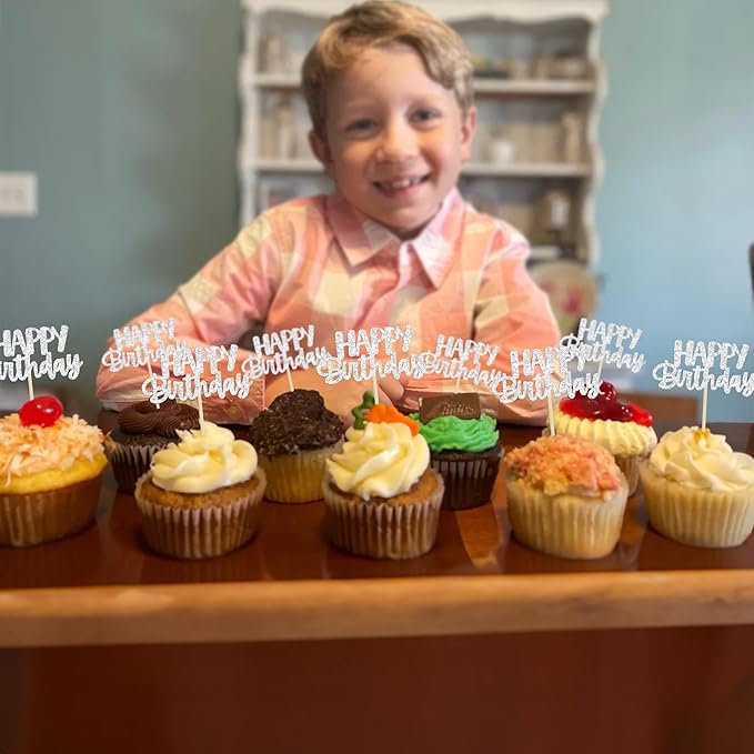 Gyufise 24Pcs Happy Birthday Cupcake Toppers Silver Glitter Birthday Cake Decorations Picks for Celebrating Birthday Party Decorations Supplies
