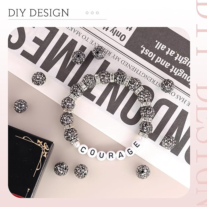 100 pcs 10mm Rhinestone Beads for Jewelry Making, Hematite Shiny Round Shamballa Disco Beads Bulk, Sparkle Crystal Clay Christmas for Bracelet Baseball Necklace Earring Crafting and DIY