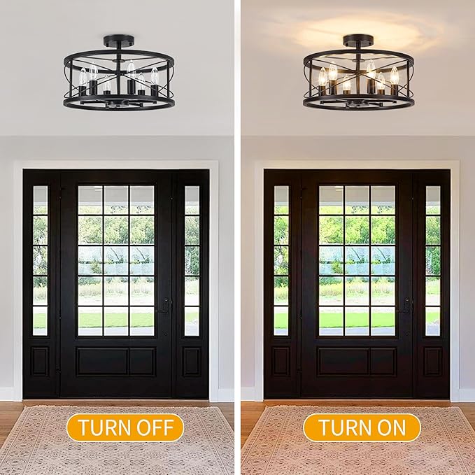 6-Light Black Semi Flush Mount Ceiling Light, 16.54'' Modern Farmhouse Close to Ceiling Light Fixtures, Ceiling Lamp for Hallway Entryway Kitchen Dining Room Living Room Bedroom Lights, UL Listed