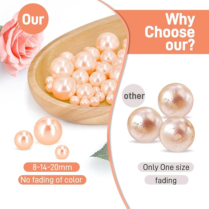 120 PCS 8/14/20mm No Hole Polish Pearl Beads for Centerpiece, Champagne Beads Decorative Vase Fillers, Plastics Pearls for Vases, Table Scatters, Wedding Party Decor