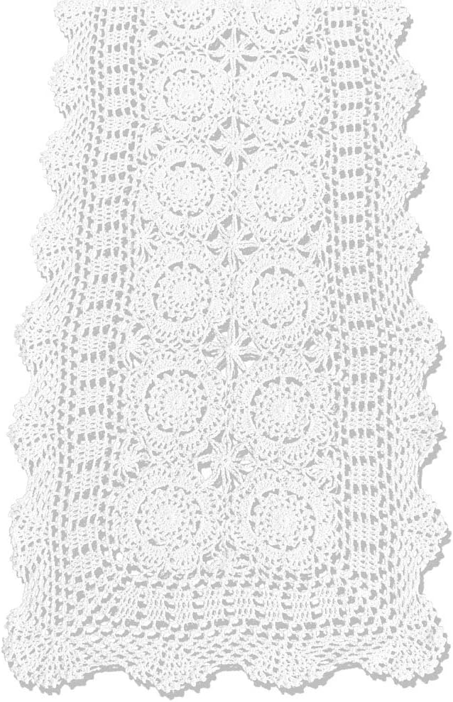KEPSWET Cotton Handmade Crochet Lace Table Runner White Rectangle Coffee Table Dresser Decor (14x72 inch)