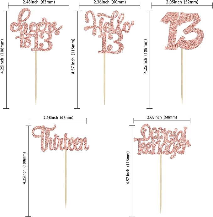 30Pcs 13th Birthday Cupcake Toppers Hello 13 Cupcake Picks Official Teenager Cheers to 13 Years Old Cake Decorations for 13th Birthday Anniversary Party Supplies Rose Gold Glitter