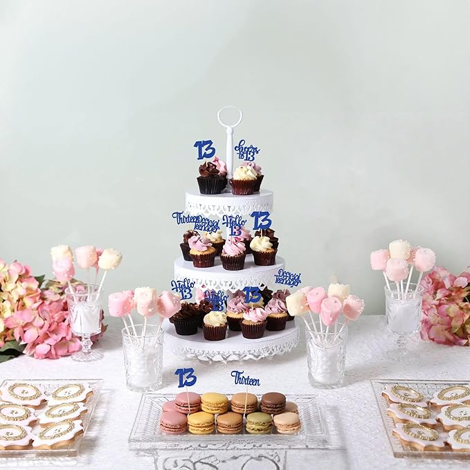 30Pcs 13th Birthday Cupcake Toppers Hello 13 Cupcake Picks Official Teenager Cheers to 13 Years Old Cake Decorations for 13th Birthday Anniversary Party Supplies Deep Blue Glitter