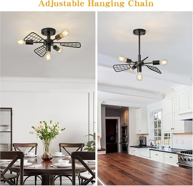 Modern Farmhouse Chandelier,21 Inch Black Metal Geometry Rustic Vintage Semi Flush Mounted Ceiling Light Fixture for Dining Room Bedroom Kitchen Island Hallway Foyer Entryway(4-Light)