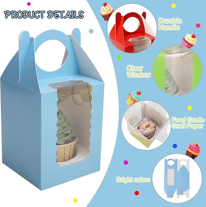 Individual Cupcake Boxes 4x4x5 Inches Disposable Pastry Tray Boxes, With Window Insert and Handle, Perfect for Parties, Birthdays, Bakery Wrapping and Events Containers (Yellow-25Pack)