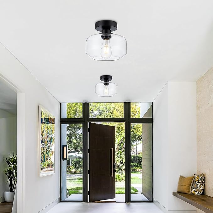 Black Flush Mount Ceiling Light - Modern Glass Semi-Flush Fixture w/LED Bulb - Matte Black Metal for Hallway, Kitchen, Bathroom, Bedroom - Easy Install