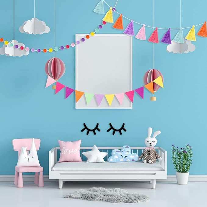 Irenare 9.8 ft Pom Pom Garland Felt Colorful Tassel Banner Christmas Party Pompoms Garland Decorations Felt Pennant Banner for Classroom Home Mantel Fireplace Birthday(Candy Color)