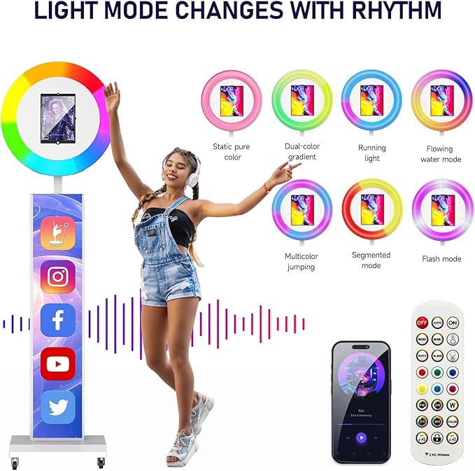 MWE Portable Photo Booth Machine Stand Compatible with Any Ipad with Software APP and Remote Control, RGB Ring Lights Music Sync, Free Custom Logo,Flight Case with Wheels (White, Light Box)