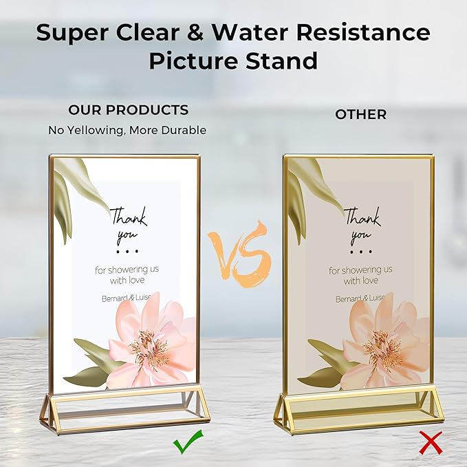 14 Pack Acrylic Sign Holder 4x6 Gold Frames, Wedding Table Number Holders Double Sided Vertical Clear Display Stand, Picture Holders for Tables, Menus, Flyers, Party and Office Decor