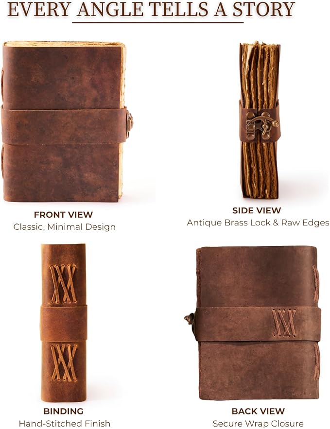 NomadCraftsCo. Vintage Leather Journal - Lock Closure, Book of Shadows Journal, Grimoire Journal, Witch Journal, Vintage Journal 240 pages Antique Deckle Edge Paper