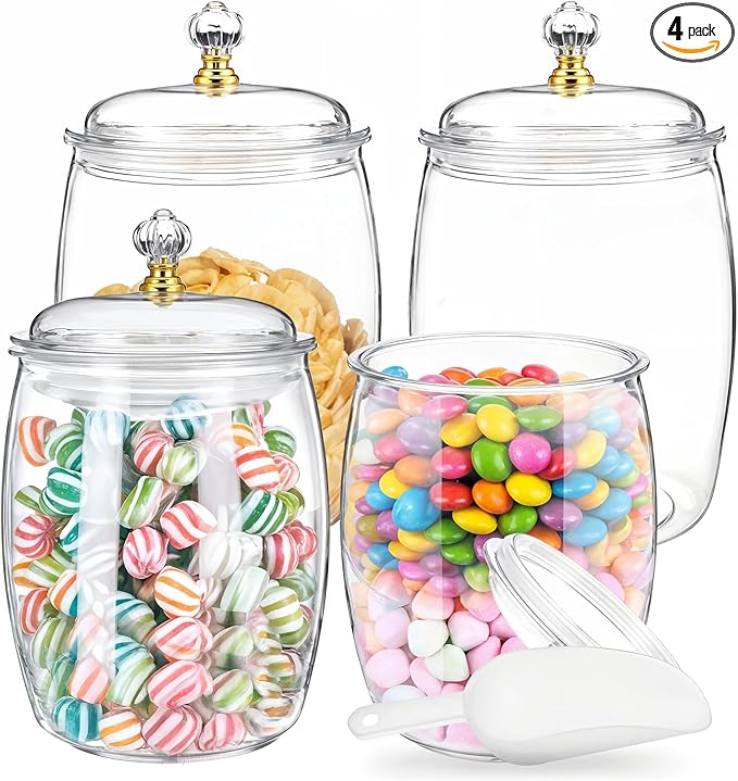 4 Pcs Candy Jars with Lids and Spoons Clear Candy Jars for Candys Cookie Buffet Storage Container Clear Airtight Food Storage Jar Plastic Airtight Apothecary Jar for Home Apothecary Kitchen Wedding