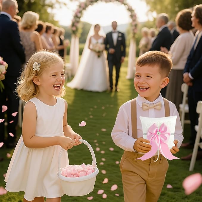 Wedding Ring Bearer Pillow: 8.2 x 8.2 Inch Ivory Satin Lace Cushion with Pink Pearl Bow for Ceremony Vows - Secure Ring Holder for Flower Boy or Girl (Pink – 2 Pack)