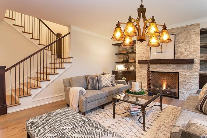 Vintage Farmhouse Chandelier, 27 Inch Adjustable Amber Glass Rust-Finish Metal Pendant Light Fixture for Living Room, Bedroom, Dining Room, Kitchen Lighting (6-Light)