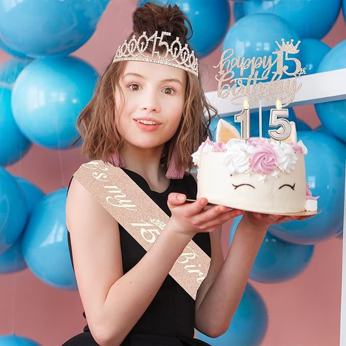 15th Birthday Decorations for Girls, Including Sash, Crown/Tiara, Candles, Cake Toppers. 15th Birthday Gifts for Girls