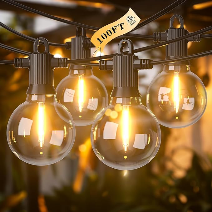 Kawaya Outdoor String Lights 100 FT LED Patio Light with 50+2 Shatterproof Edison Globe Bulbs - IP65 Waterproof Dimmable Hanging Lights - 2700K Warm White Lighting for Outside Porch Deck Bistro Cafe