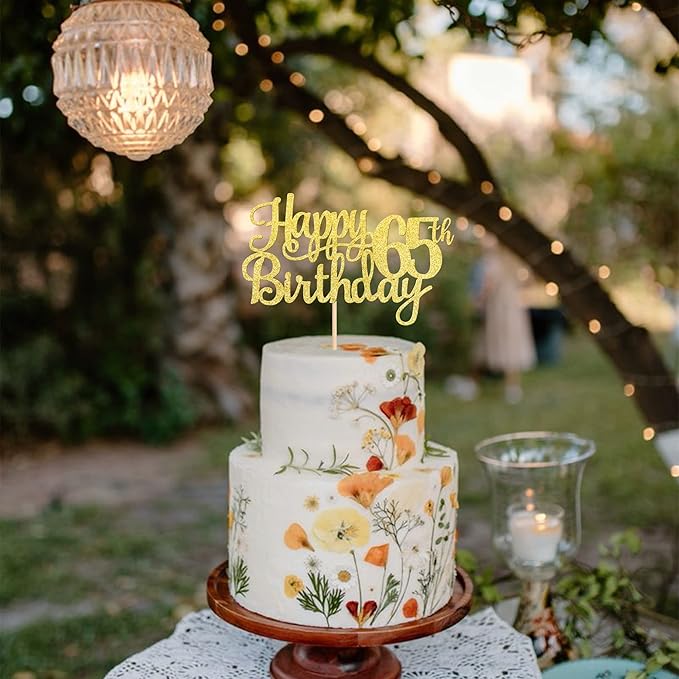 1 PCS Happy 65th Birthday Cake Topper Gold Glitter Cheers to 65 Years Birthday Cake Pick 65 Fabulous Cake Decoration for Happy 65th Birthday Theme Party Decorations Supplies