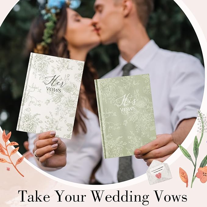Set of 2 Vow Books His and Hers, Wedding Vow Books (6.06x4.17) Wedding Keepsake Essentials Elegant Bridal Shower Ceremony Gift Elopement Essentials(Green,Floral)