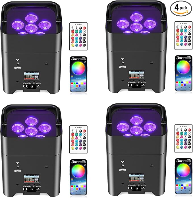 9600mAh Wireless Uplights, 6x18W RGBWA UV Rechargeable Stage Lights, APP/DMX512/Remote Controlled Par Lights, Battery Powered Uplights for Show, Party, Festival, Event, 4 Pack