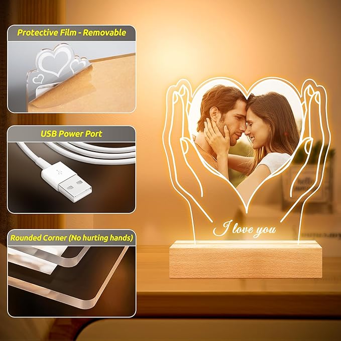 Personalized Picture Frame with Photo, Customized Photo Frame with Night Light, Custom Picture Frames, Personalized Anniversary Birthday Gifts for Women Men Her Him Girlfriend Boyfriend Couples
