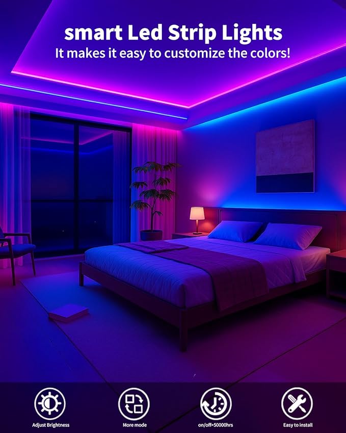 Smart LED Strip Lights 50FT for Bedroom App Control Lighting Bedroom Rome Decor with Remote, RGB Music Sync Color Changing LED Lights for Party,Game Room