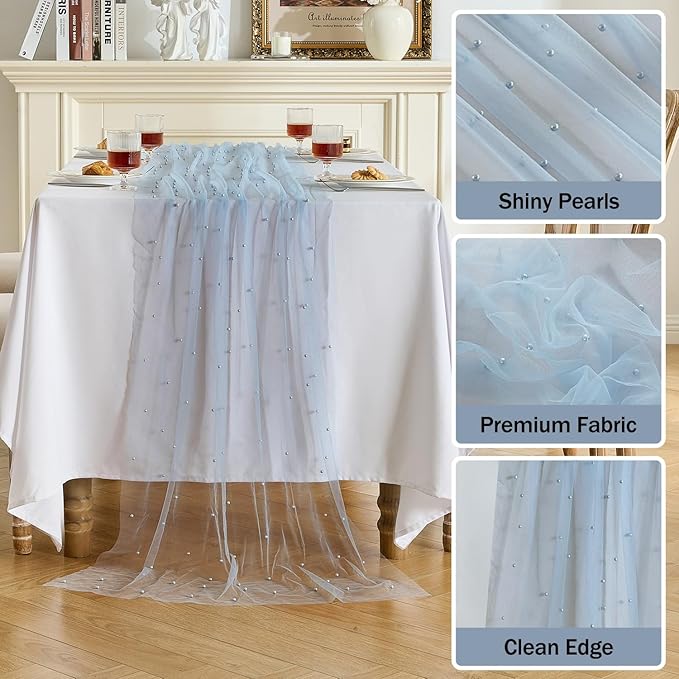 Fanami 1 Pack Pearl Table Runner -10FT Dusty Blue Boho Tulle Table Runners 120 Inches Long Rustic Sheer Lace Fabric Centerpieces for Wedding Arch Birthday Party Bridal Veil Baby Shower Decorations