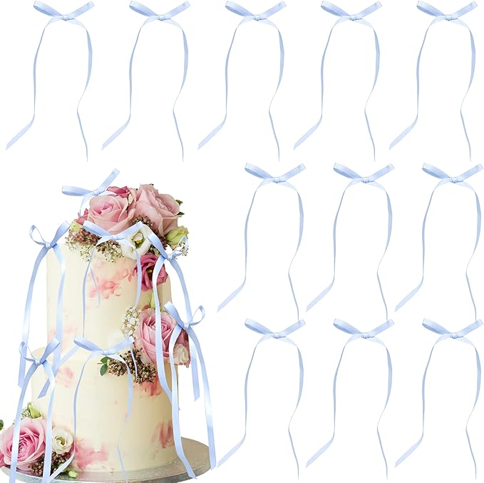 Ephlyn 30Pcs Bow Cupcake Toppers Valentine's Bowknot Ribbons Coquette Bow High Footed Cup Balloon Wall Party Decorations Cake Dessert Picks Birthday Wedding Party Supplies Blue