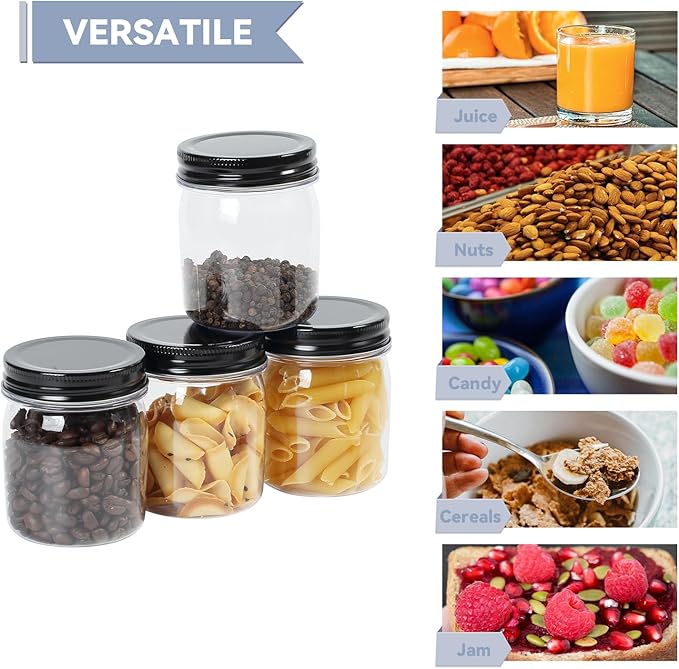 novelinks 8 oz Clear Plastic Jars with Screw-On Lids - BPA-Free Refillable Storage Containers for Slime, Spices, Crafts, Kitchen & Home Organization (48 Pack,Black)