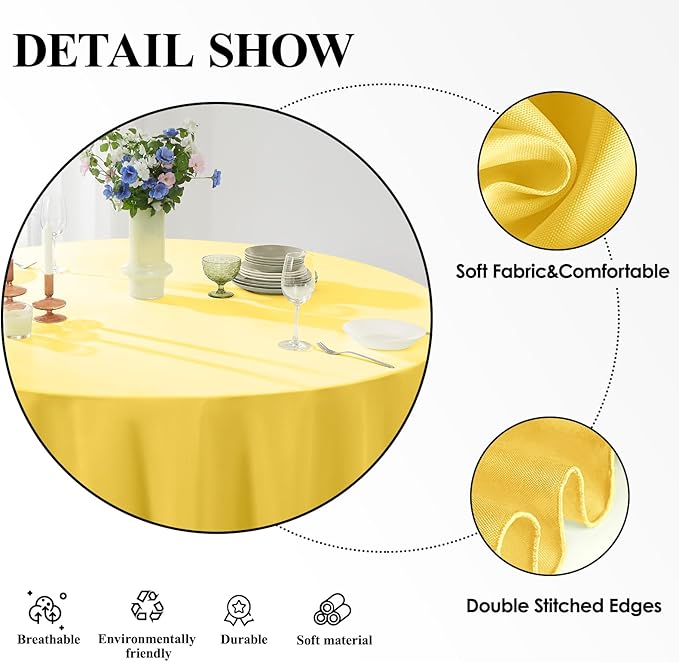Round Tablecloth 120 Inch 6 Pack Yellow Tablecloths Washable Decorative Linen Polyester Table Clothes Cover for Dining Table Banquets Buffet Parties and Wedding