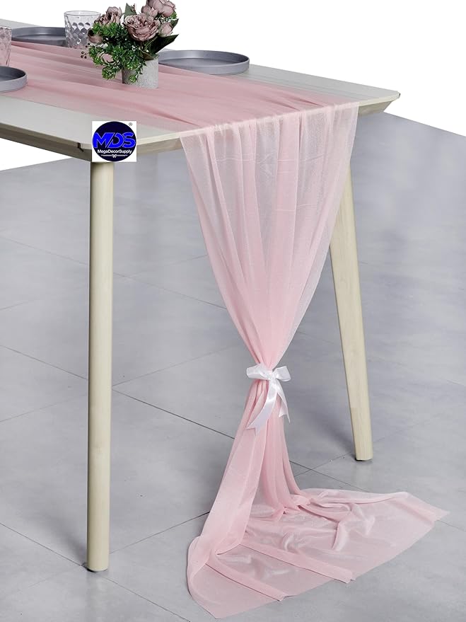 MDS 2 Pack 14ft Chiffon Table Runner 29 x 170 Inches Sheer Wedding Runner Romantic Rustic Table Runner for Wedding Decorations, Birthday Parties, Bridal Shower Party Arch Decor - Blush Pink