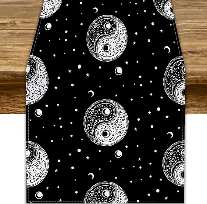 Mystical Celestial Table Runner, Vintage Bohemian Black Yin Yang Symbol Moon Stars Print Table Runner for Office Kitchen Dining Wedding Party Home Coffee Table, 13x70inch