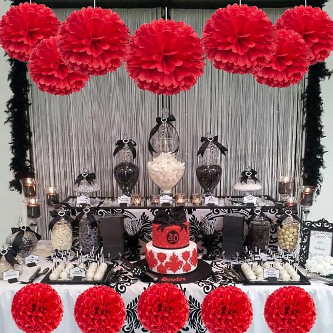 MOWO Red Paper Flower Tissue Pom Poms Party Supplies (red,12pc)